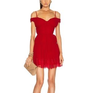SELF-PORTRAIT Dark Red Off Shoulder Pleated Cocktail Mini Dress FWRD